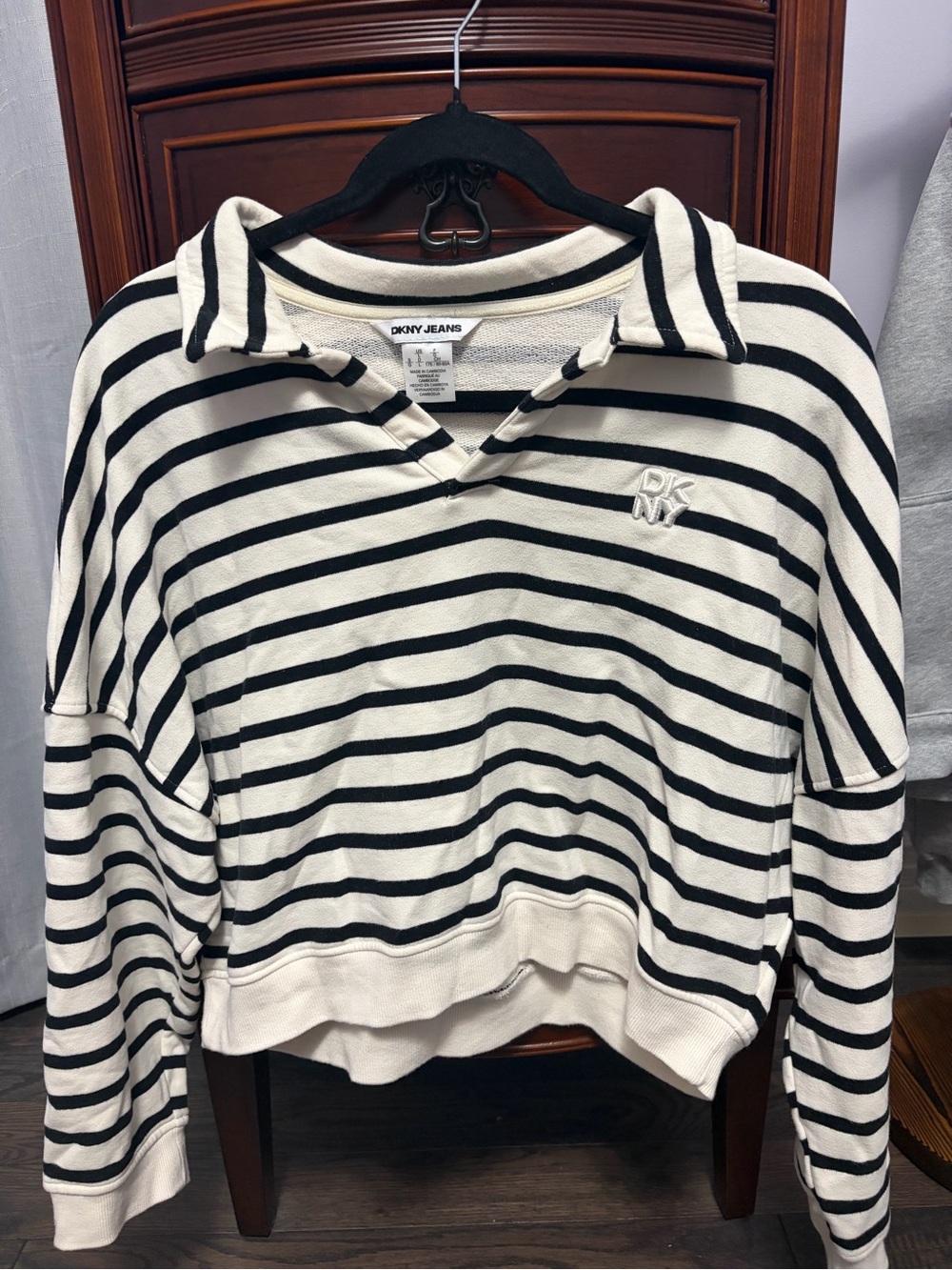 Dkny Cream and Black Striped Collared V-Neck Sweater